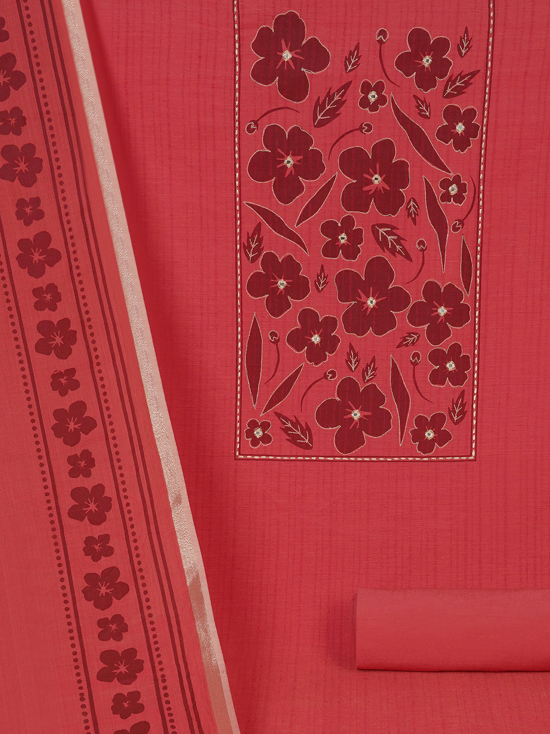 Unstitched Cotton Striped Dress Material with Applique Print paired with Plain Bottom & printed dupatta.(Pink)