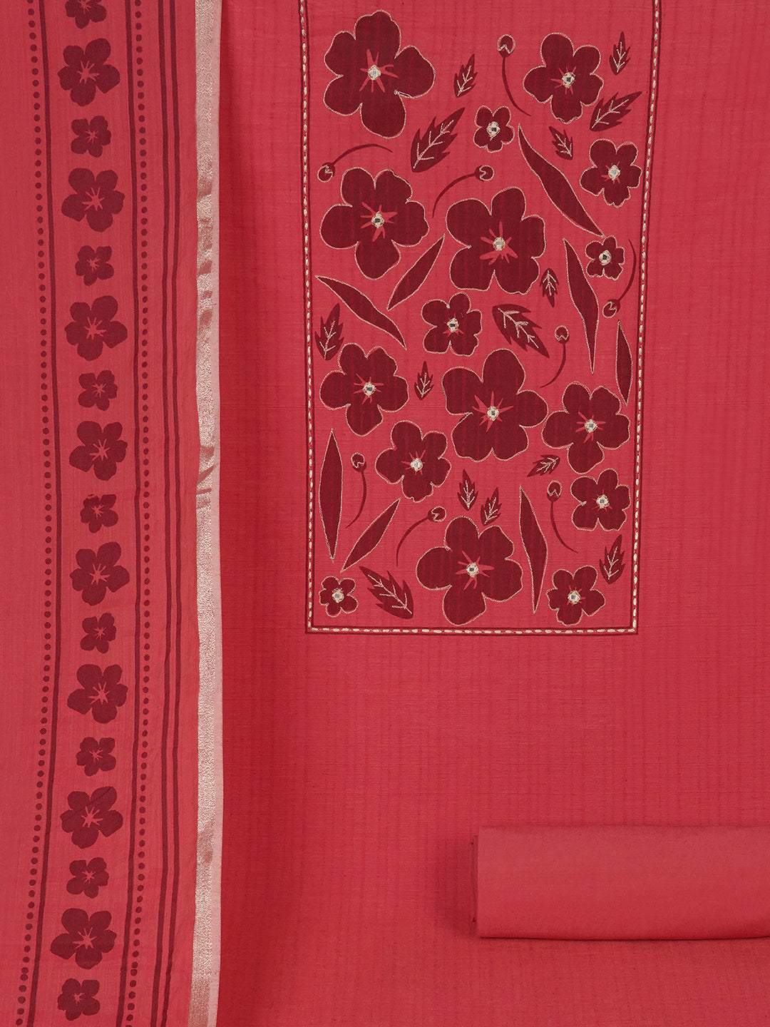 Unstitched Cotton Striped Dress Material with Applique Print paired with Plain Bottom & printed dupatta.(Pink)