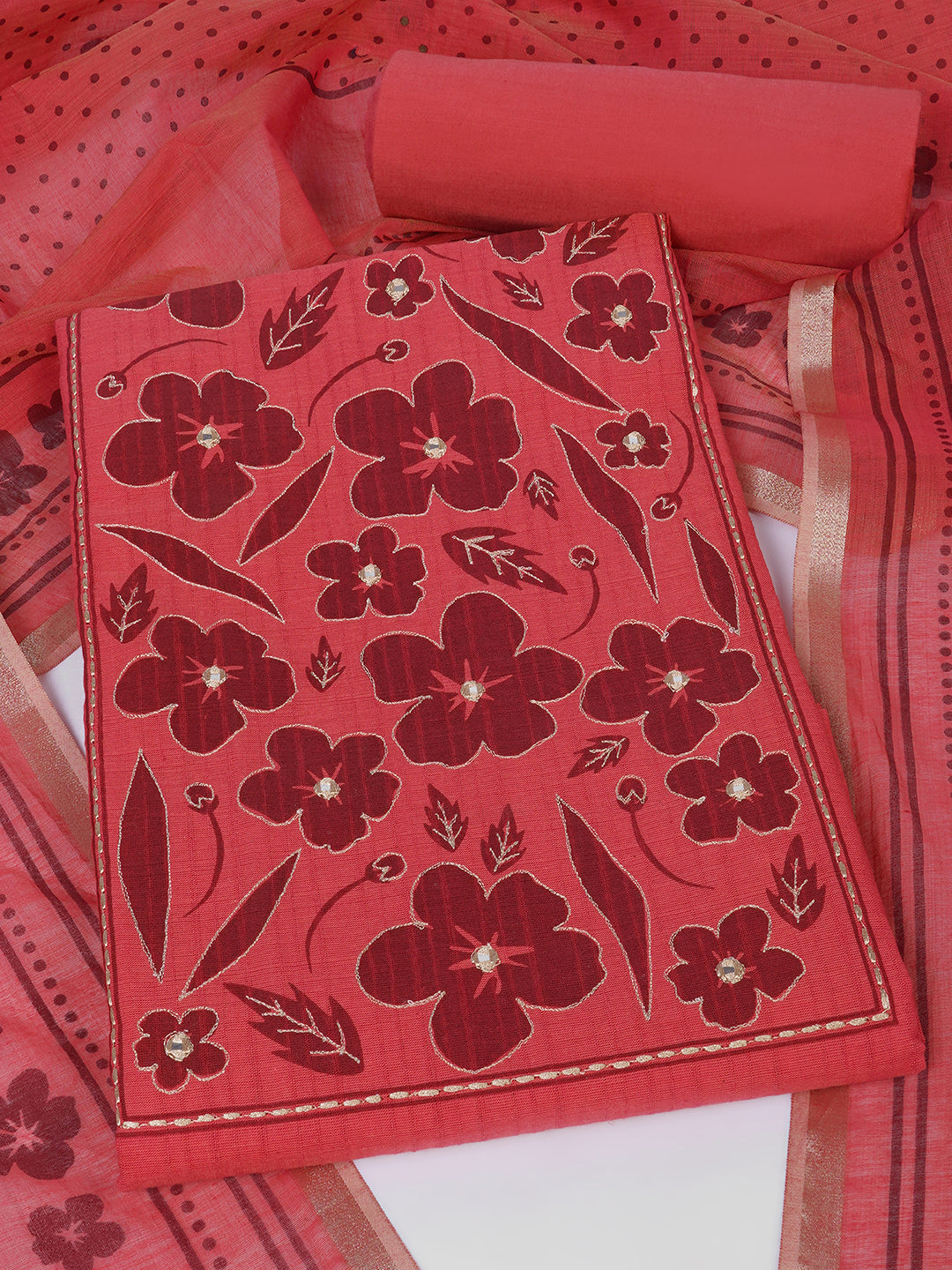 Unstitched Cotton Striped Dress Material with Applique Print paired with Plain Bottom & printed dupatta.(Pink)