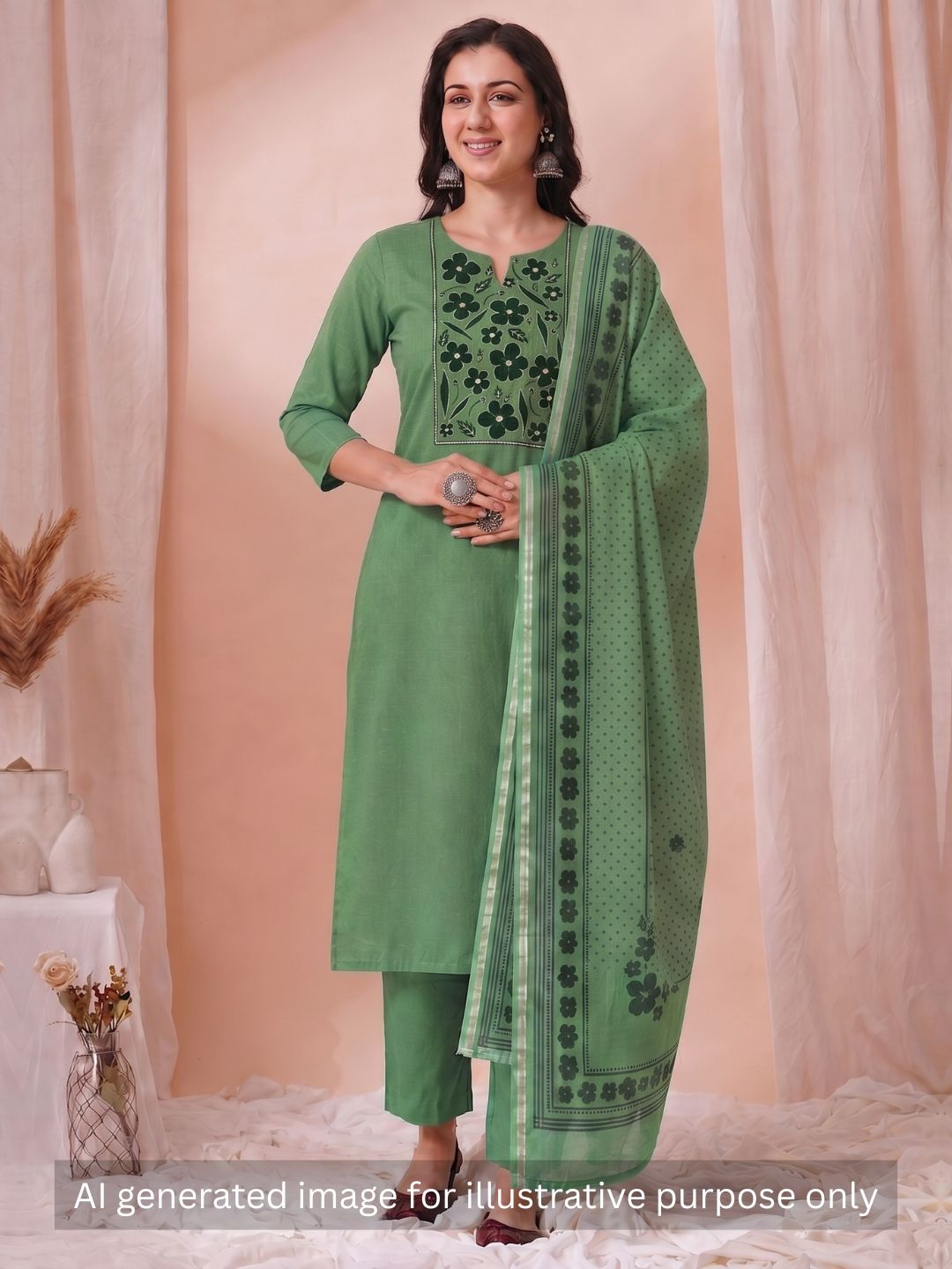 Unstitched Cotton Striped Dress Material with Applique Print paired with Plain Bottom & printed dupatta.(Green)