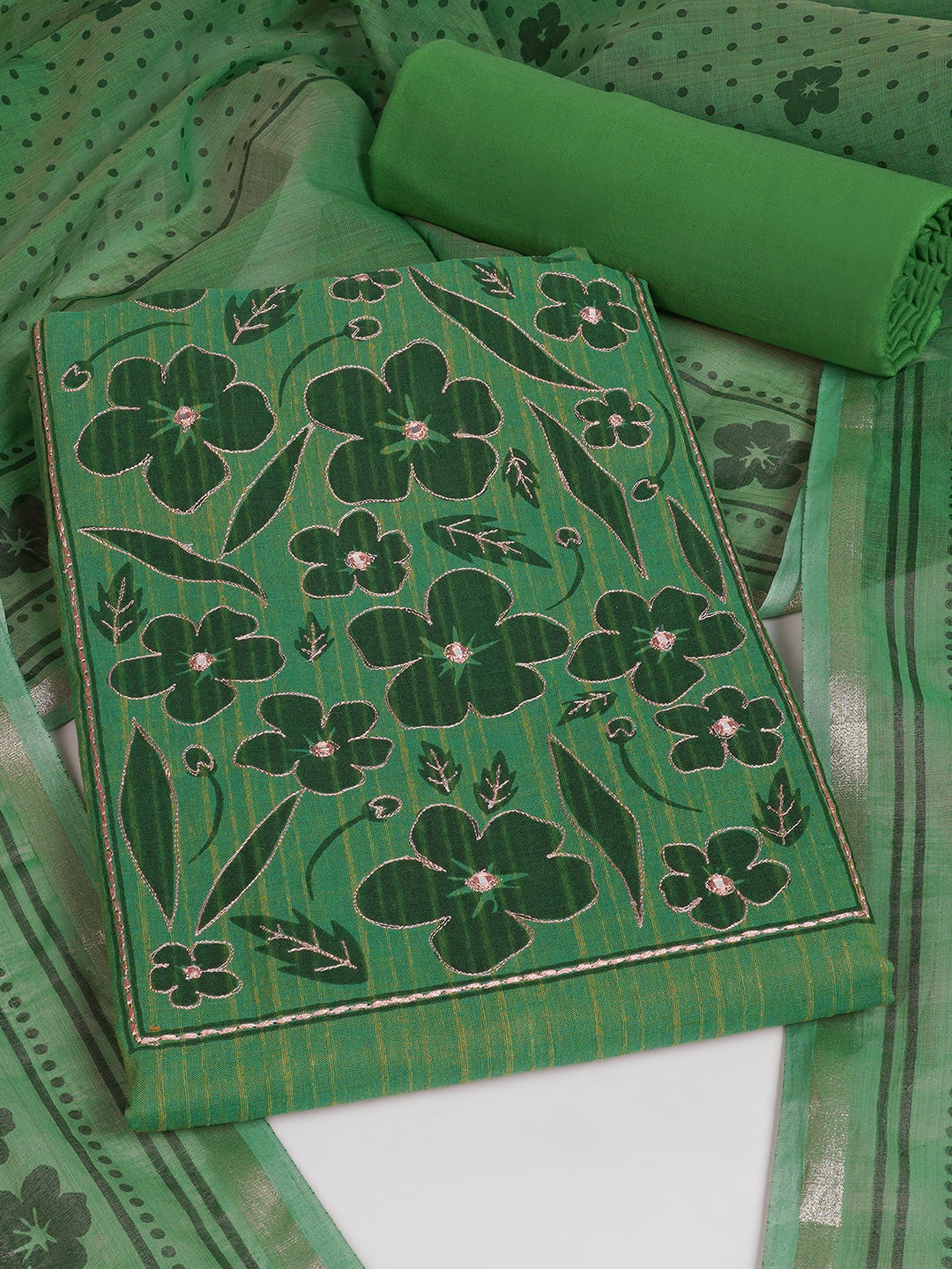 Unstitched Cotton Striped Dress Material with Applique Print paired with Plain Bottom & printed dupatta.(Green)