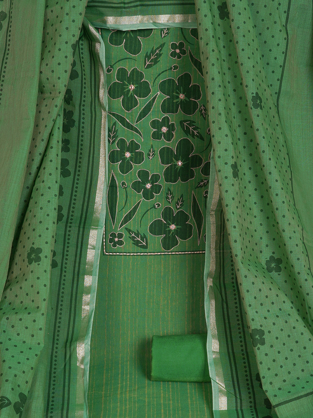 Unstitched Cotton Striped Dress Material with Applique Print paired with Plain Bottom & printed dupatta.(Green)