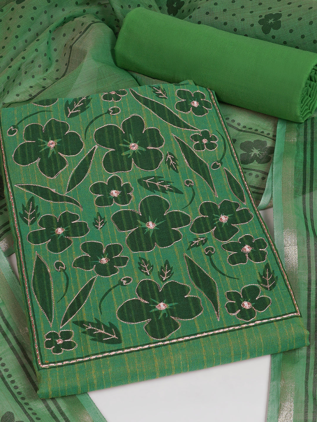 Unstitched Cotton Striped Dress Material with Applique Print paired with Plain Bottom & printed dupatta.(Green)