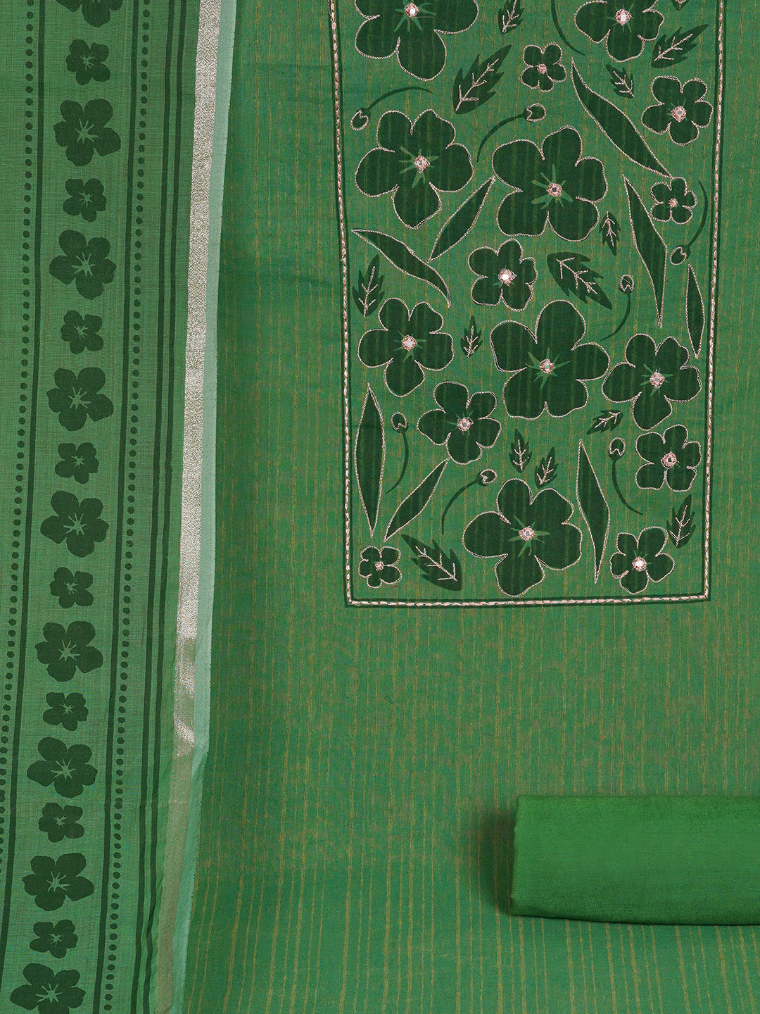 Unstitched Cotton Striped Dress Material with Applique Print paired with Plain Bottom & printed dupatta.(Green)