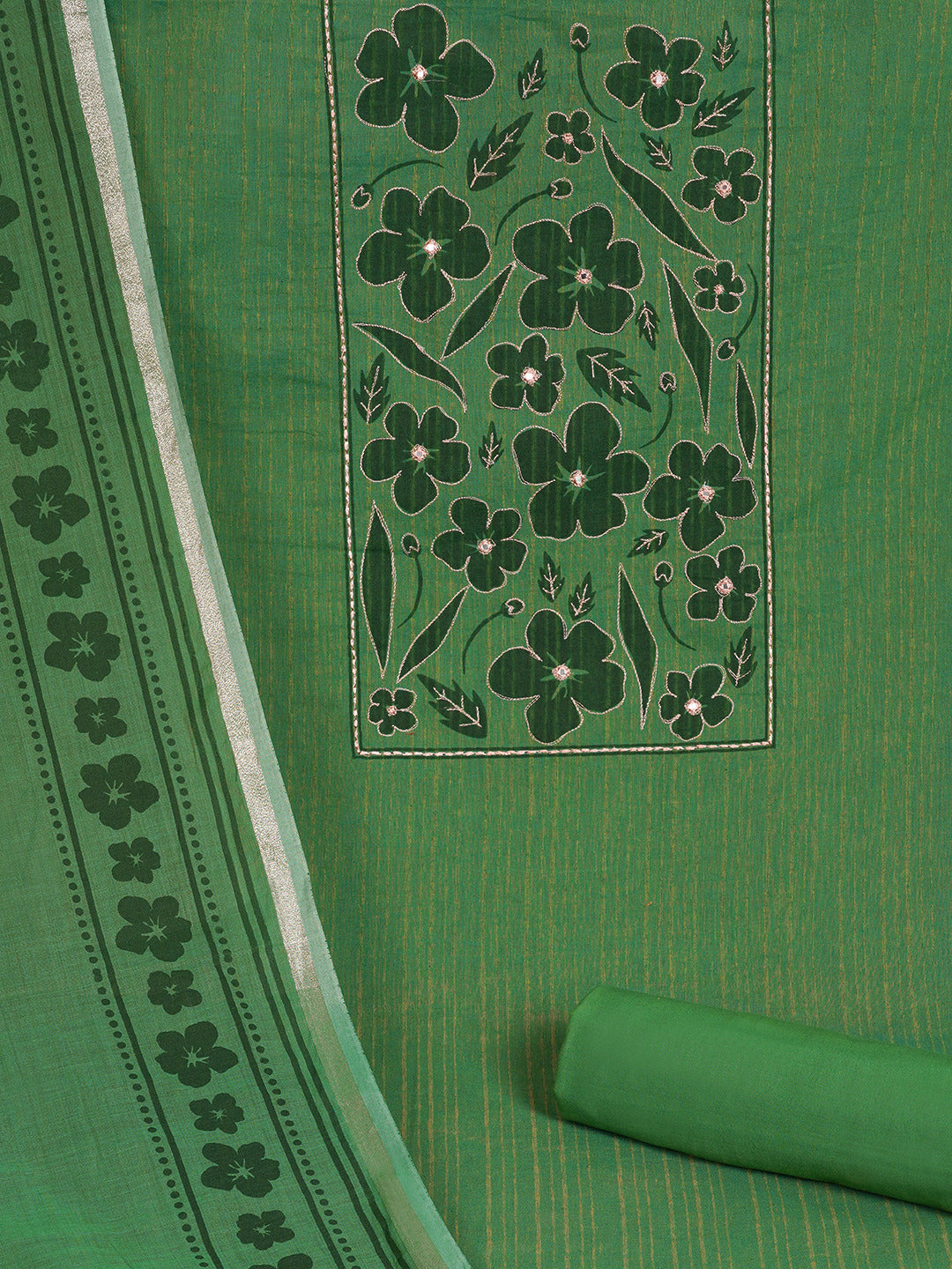 Unstitched Cotton Striped Dress Material with Applique Print paired with Plain Bottom & printed dupatta.(Green)
