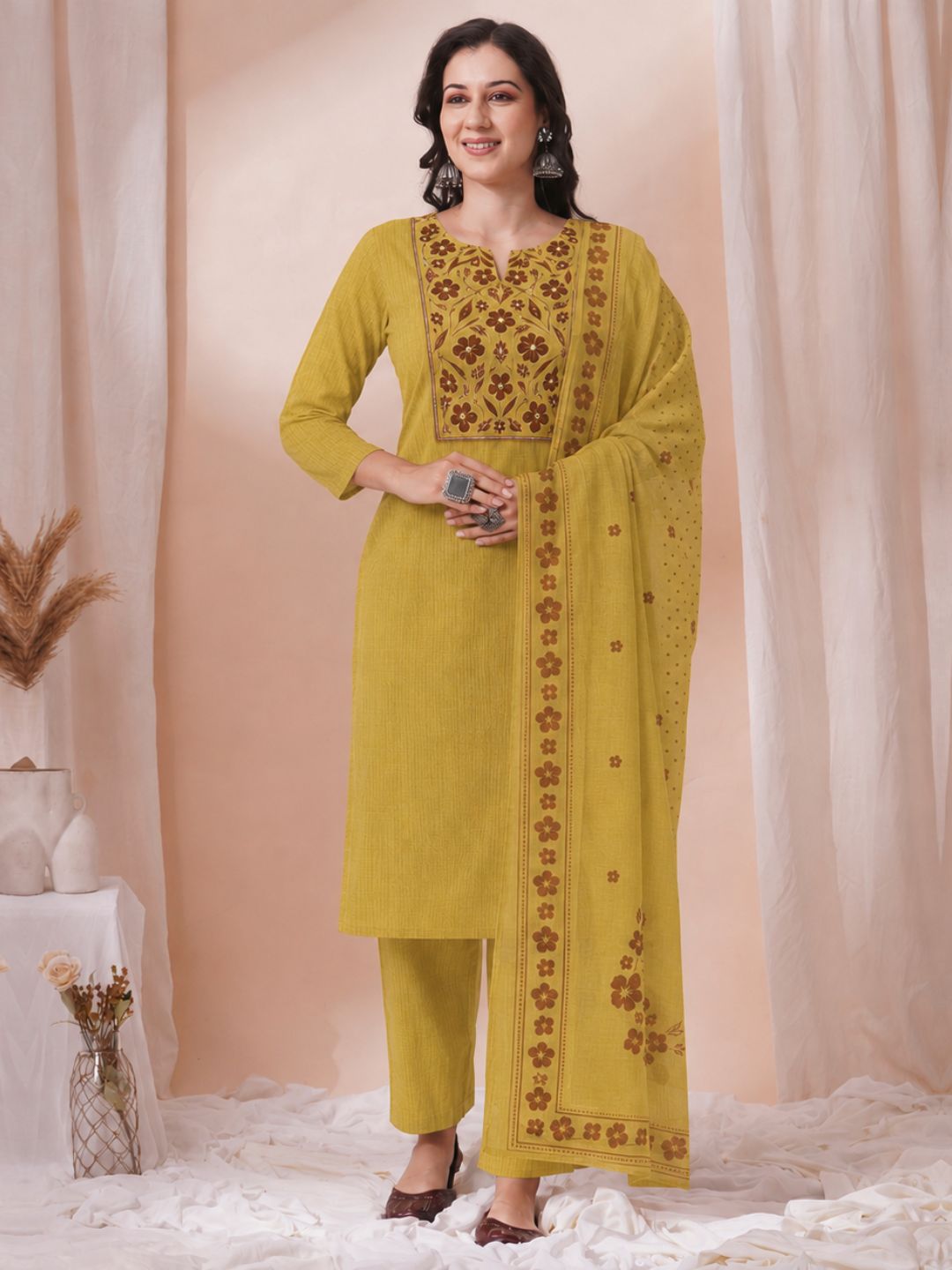 Unstitched Cotton Striped Dress Material with Applique Print paired with Plain Bottom & printed dupatta.(Mustard)
