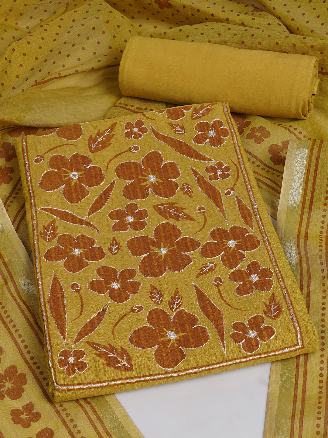 Unstitched Cotton Striped Dress Material with Applique Print paired with Plain Bottom & printed dupatta.(Mustard)