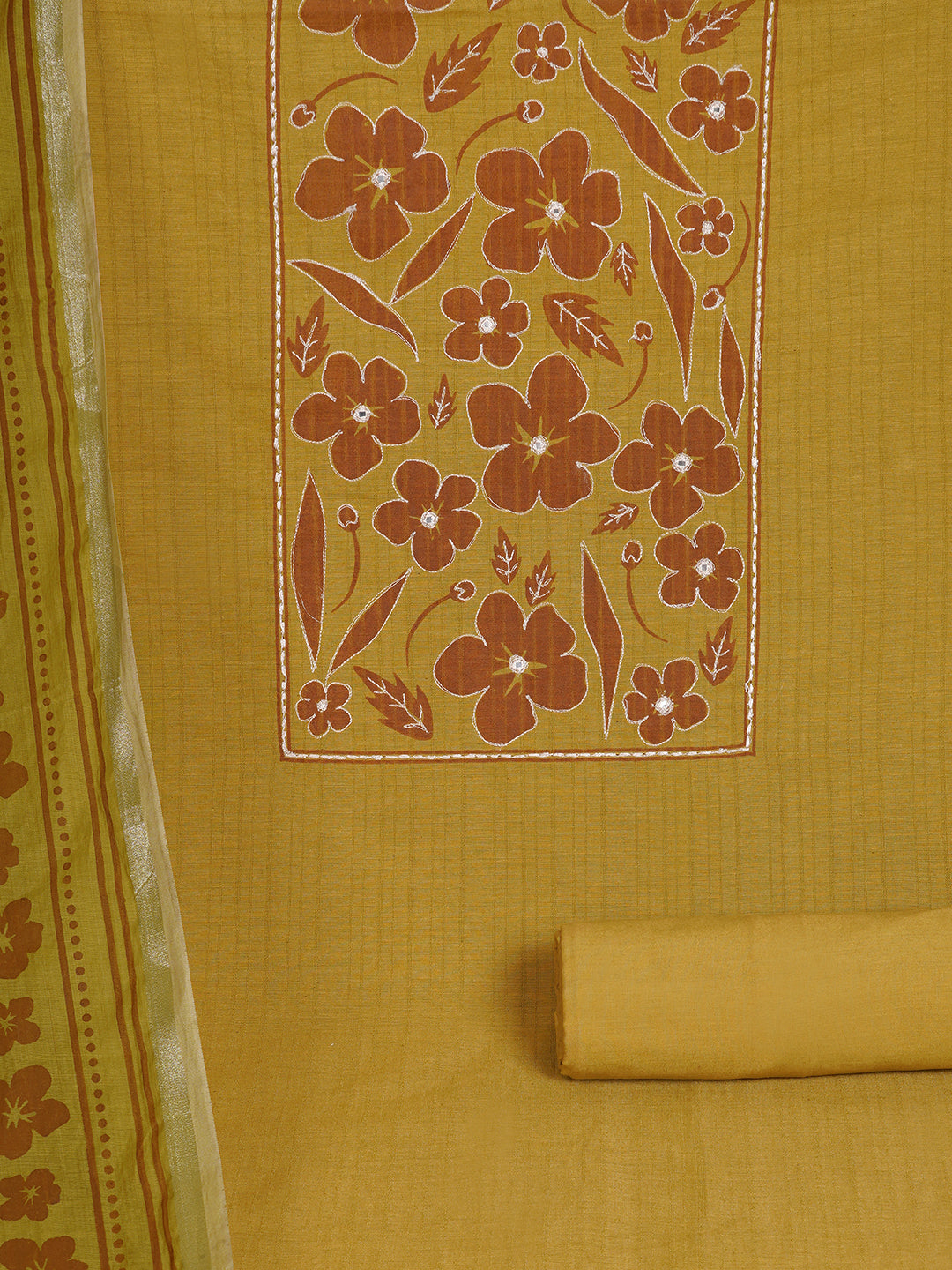 Unstitched Cotton Striped Dress Material with Applique Print paired with Plain Bottom & printed dupatta.(Mustard)