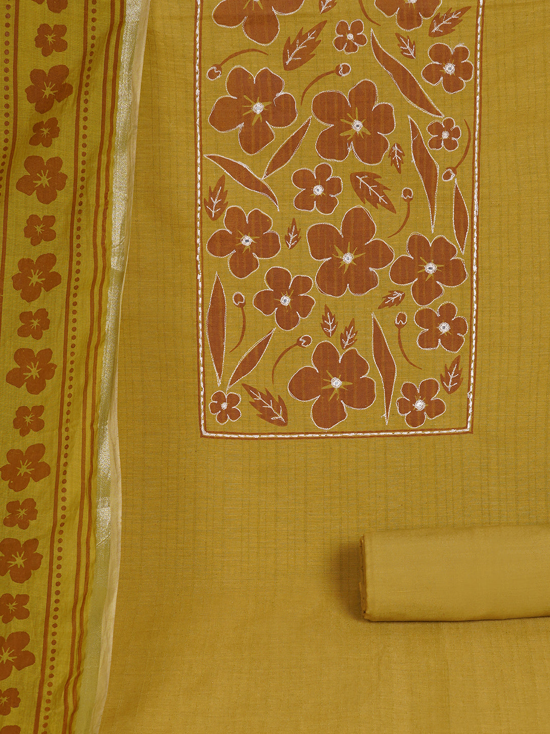 Unstitched Cotton Striped Dress Material with Applique Print paired with Plain Bottom & printed dupatta.(Mustard)