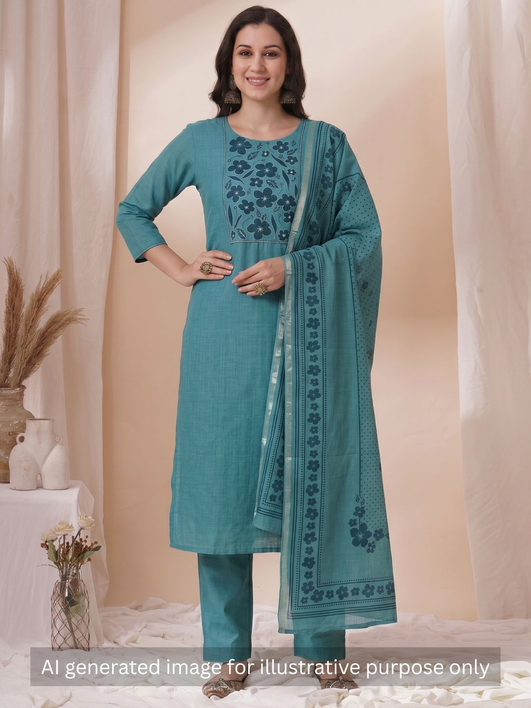 Unstitched Cotton Striped Dress Material with Applique Print Paired with Plain Bottom & printed dupatta.(Turquoise)