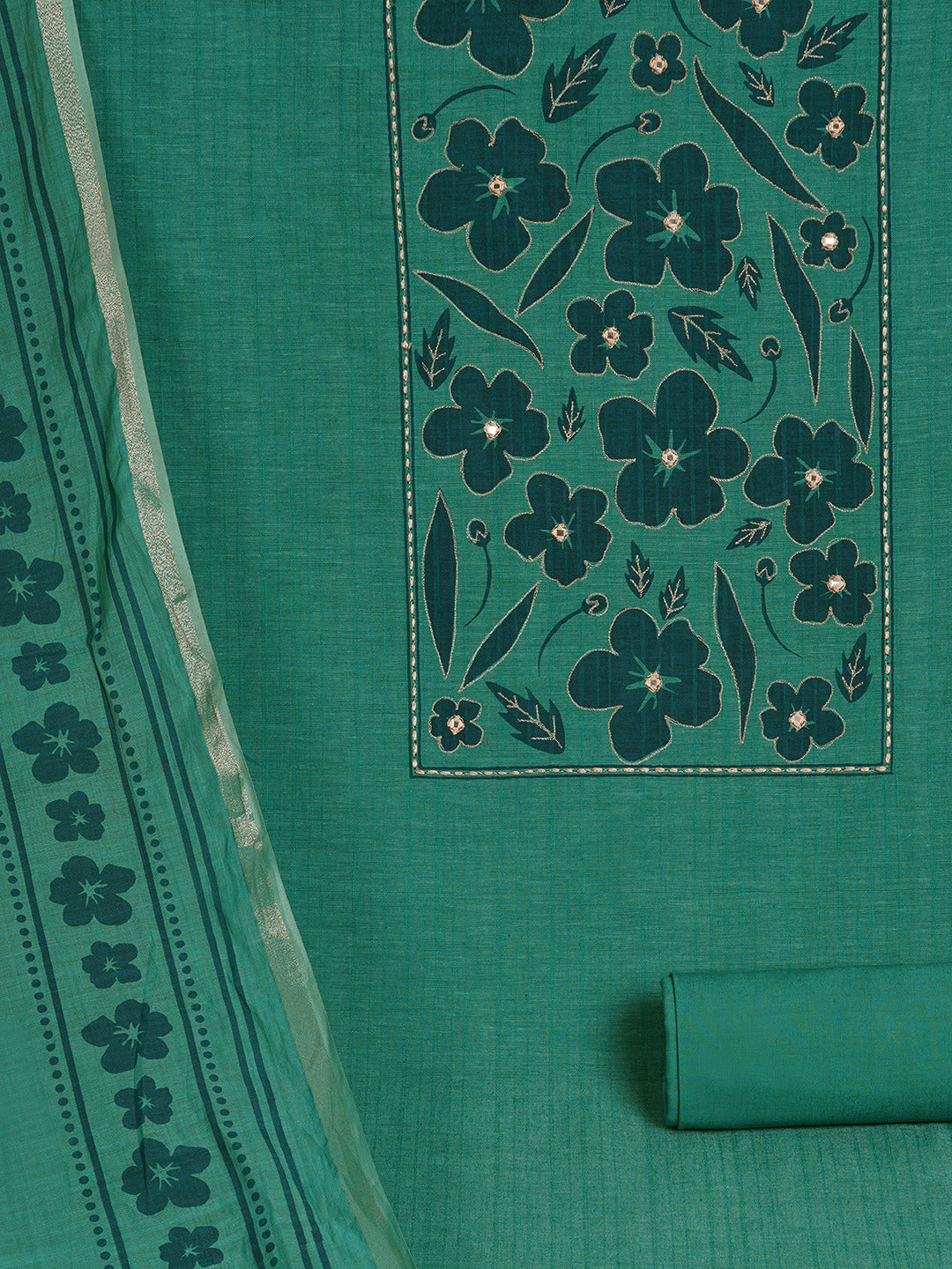 Unstitched Cotton Striped Dress Material with Applique Print Paired with Plain Bottom & printed dupatta.(Turquoise)
