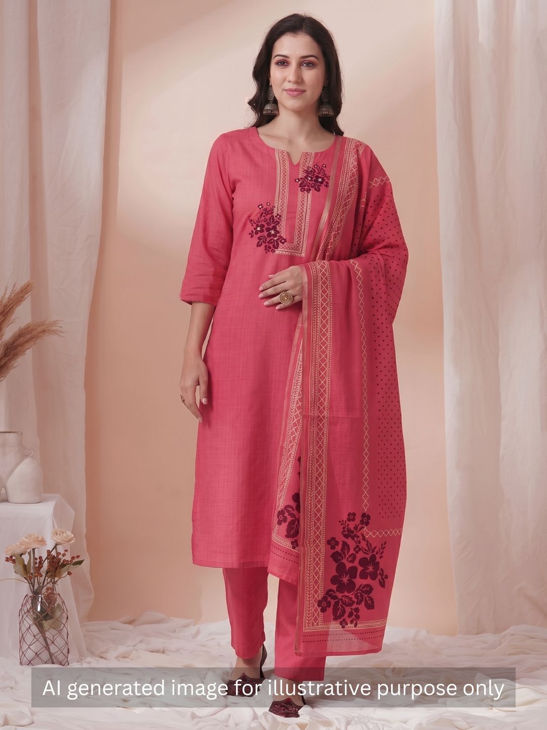 Ready to Stitch Cotton Dress Material with Mirror Detailing Paired with Plain Bottom & printed dupatta.(Pink)