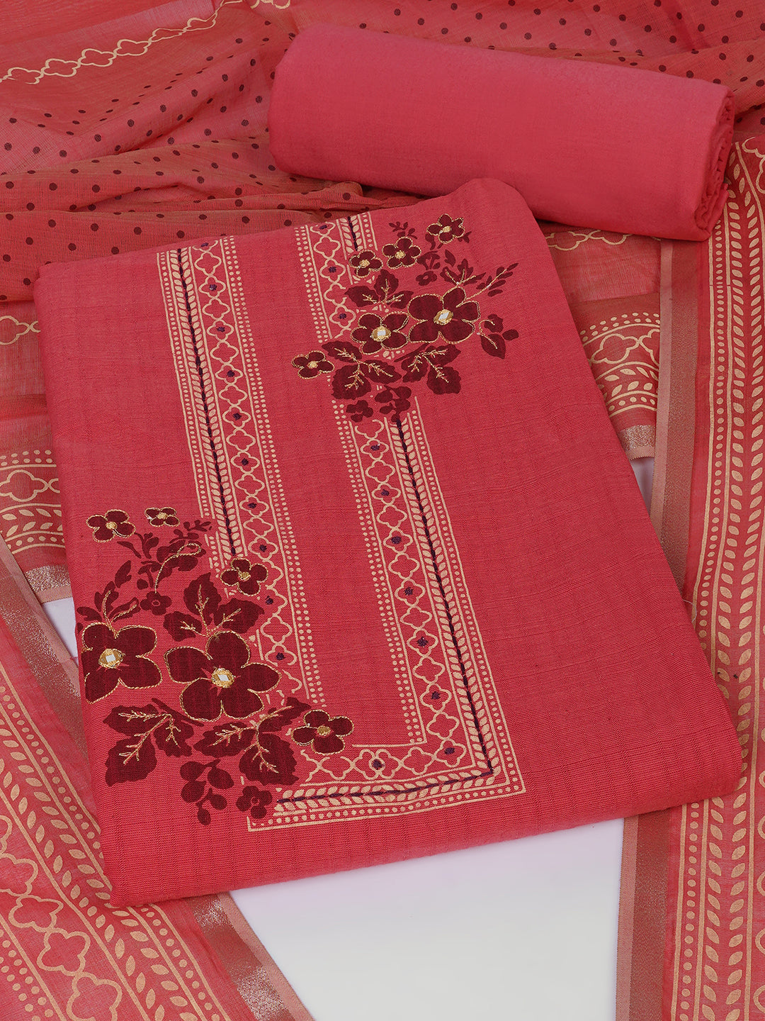 Ready to Stitch Cotton Dress Material with Mirror Detailing Paired with Plain Bottom & printed dupatta.(Pink)