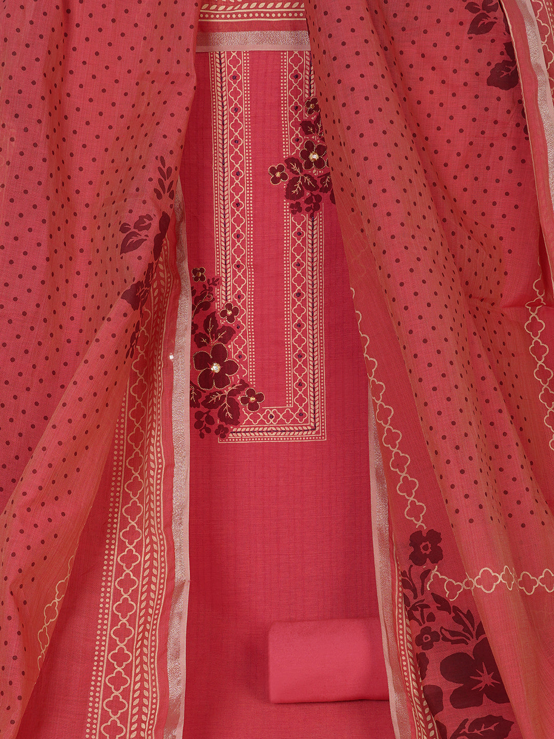 Ready to Stitch Cotton Dress Material with Mirror Detailing Paired with Plain Bottom & printed dupatta.(Pink)
