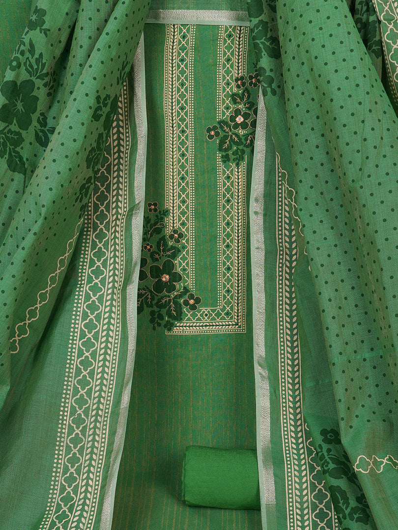Ready to Stitch Cotton Dress Material with Mirror Detailing Paired with Plain Bottom & printed dupatta.(Green)
