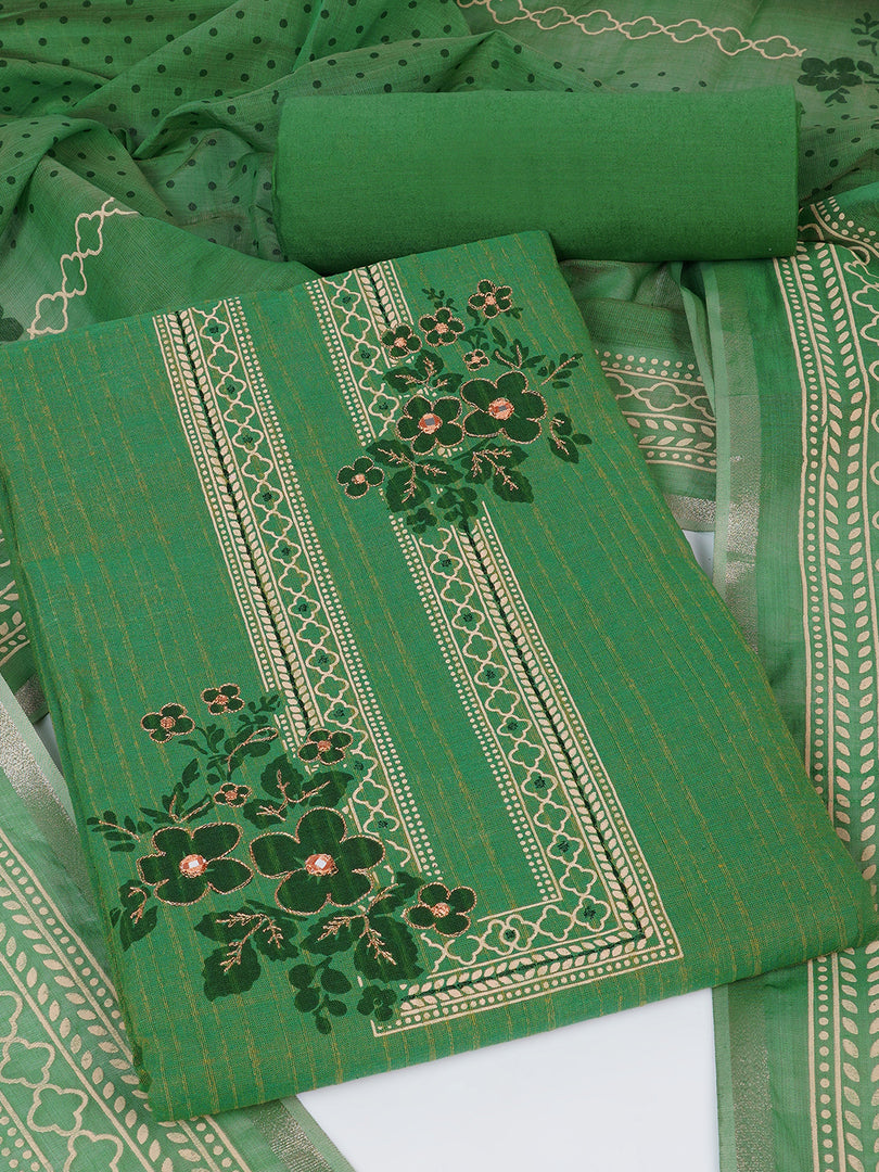Ready to Stitch Cotton Dress Material with Mirror Detailing Paired with Plain Bottom & printed dupatta.(Green)