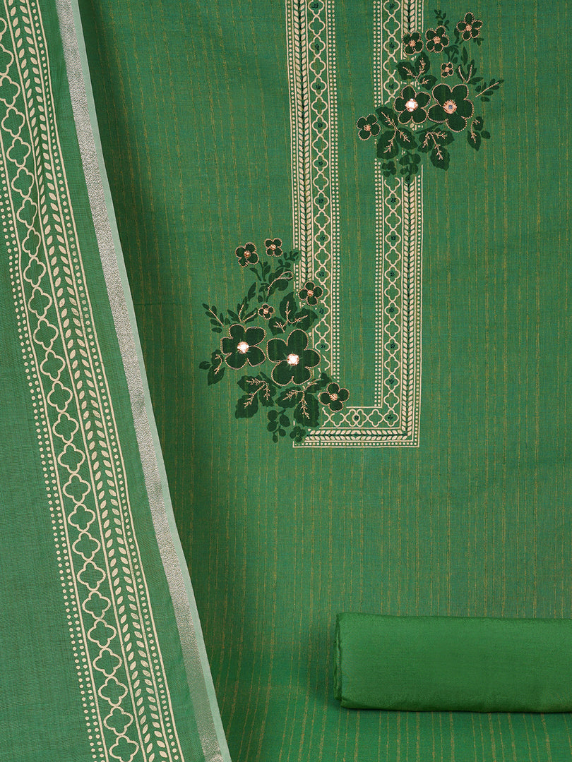 Ready to Stitch Cotton Dress Material with Mirror Detailing Paired with Plain Bottom & printed dupatta.(Green)