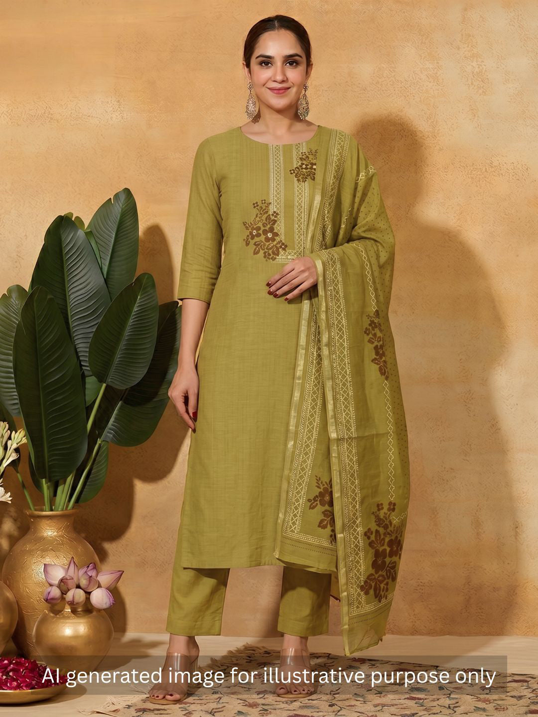 Ready to Stitch Cotton Dress Material with Mirror Detailing Paired with Plain Bottom & printed dupatta.(Mustard)