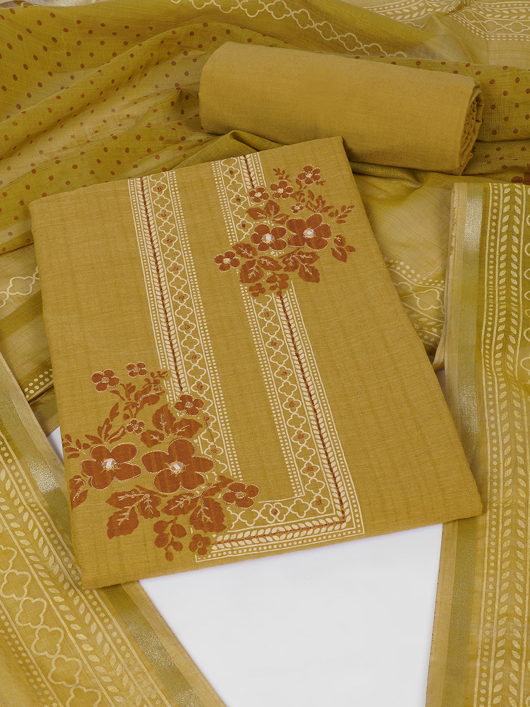 Ready to Stitch Cotton Dress Material with Mirror Detailing Paired with Plain Bottom & printed dupatta.(Mustard)