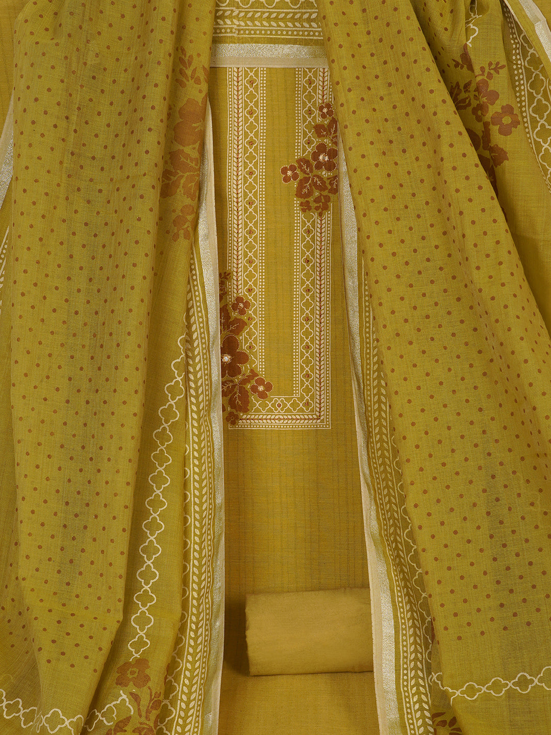 Ready to Stitch Cotton Dress Material with Mirror Detailing Paired with Plain Bottom & printed dupatta.(Mustard)