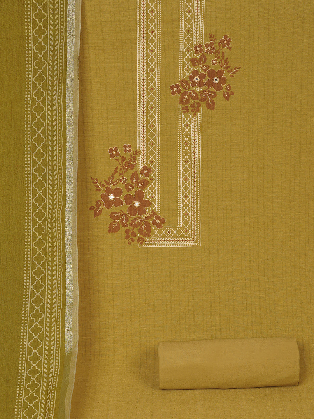 Ready to Stitch Cotton Dress Material with Mirror Detailing Paired with Plain Bottom & printed dupatta.(Mustard)
