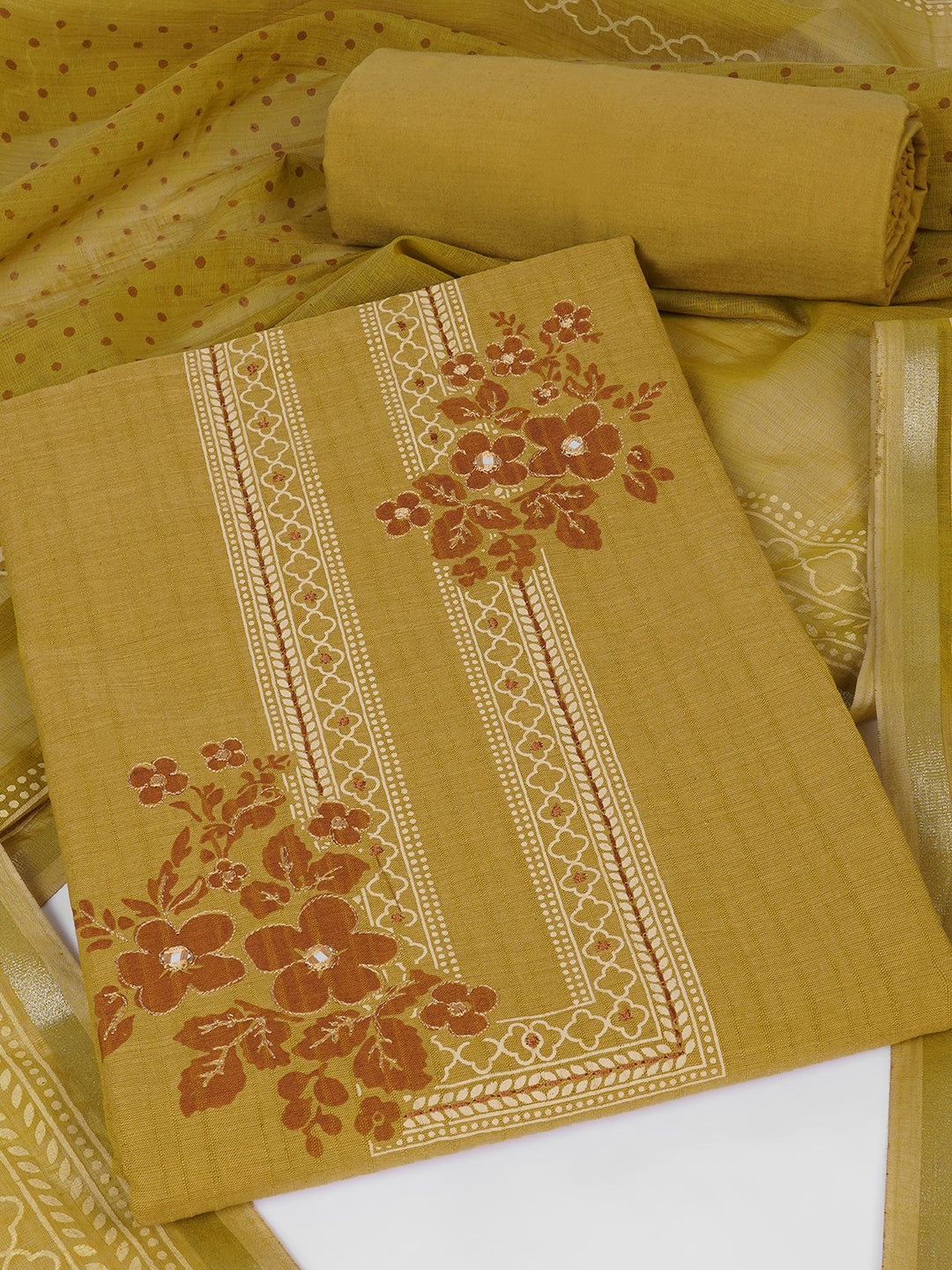 Ready to Stitch Cotton Dress Material with Mirror Detailing Paired with Plain Bottom & printed dupatta.(Mustard)