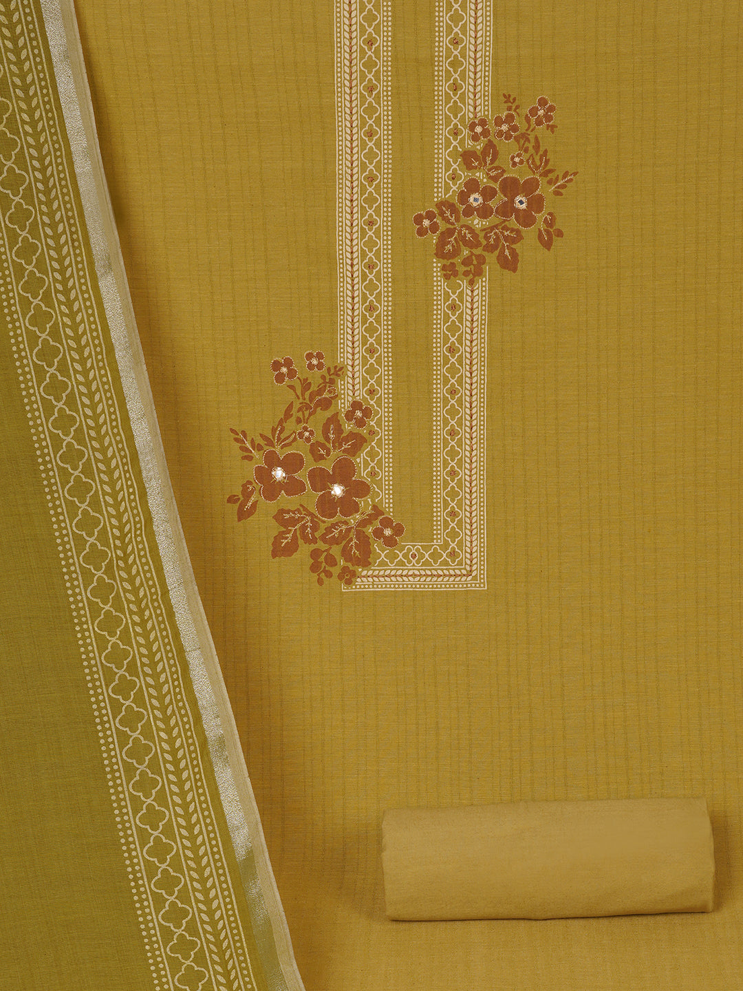 Ready to Stitch Cotton Dress Material with Mirror Detailing Paired with Plain Bottom & printed dupatta.(Mustard)