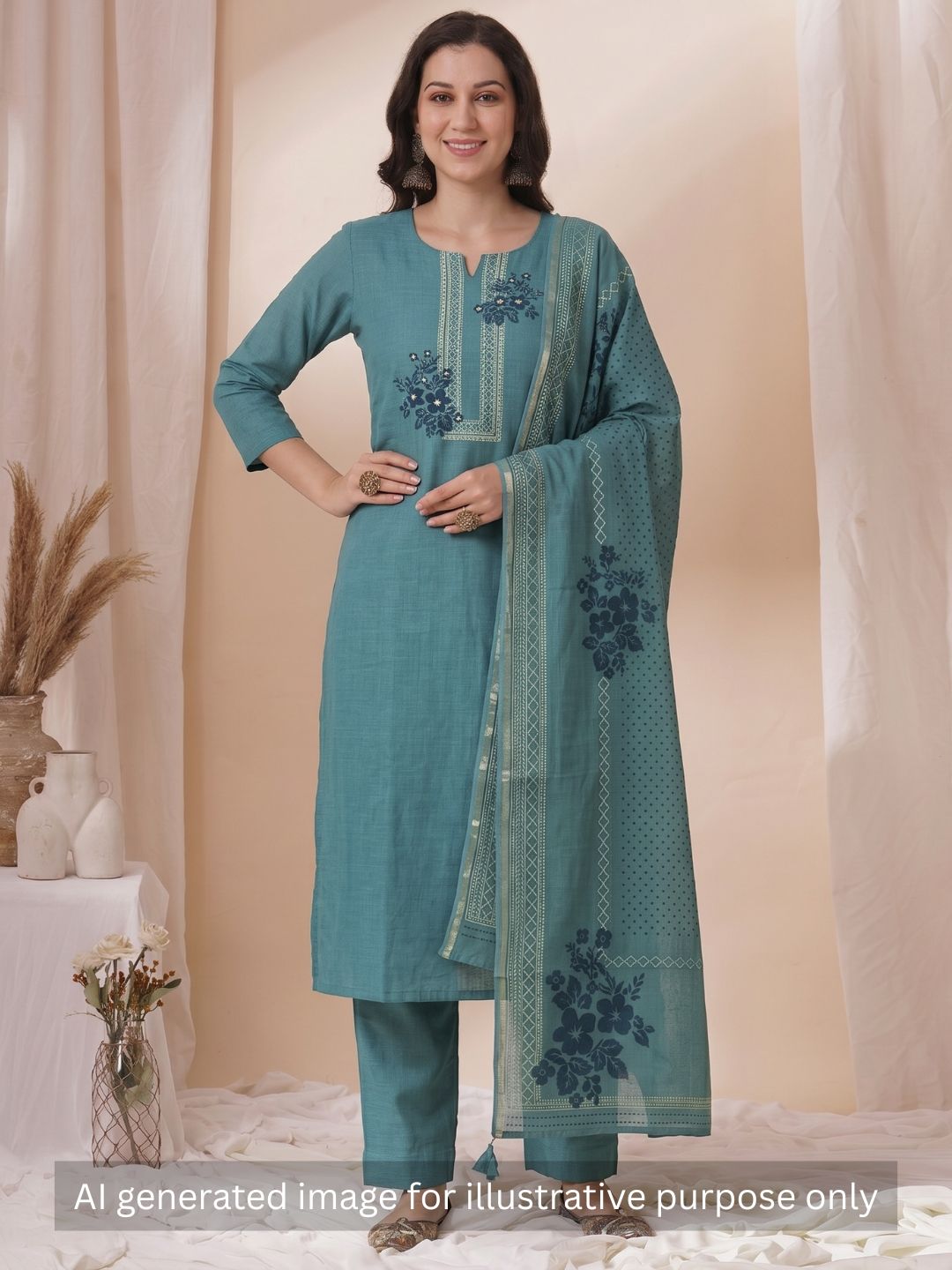 Ready to Stitch Cotton Dress Material with Mirror Detailing Paired with Plain Bottom & printed dupatta.(Turquoise)
