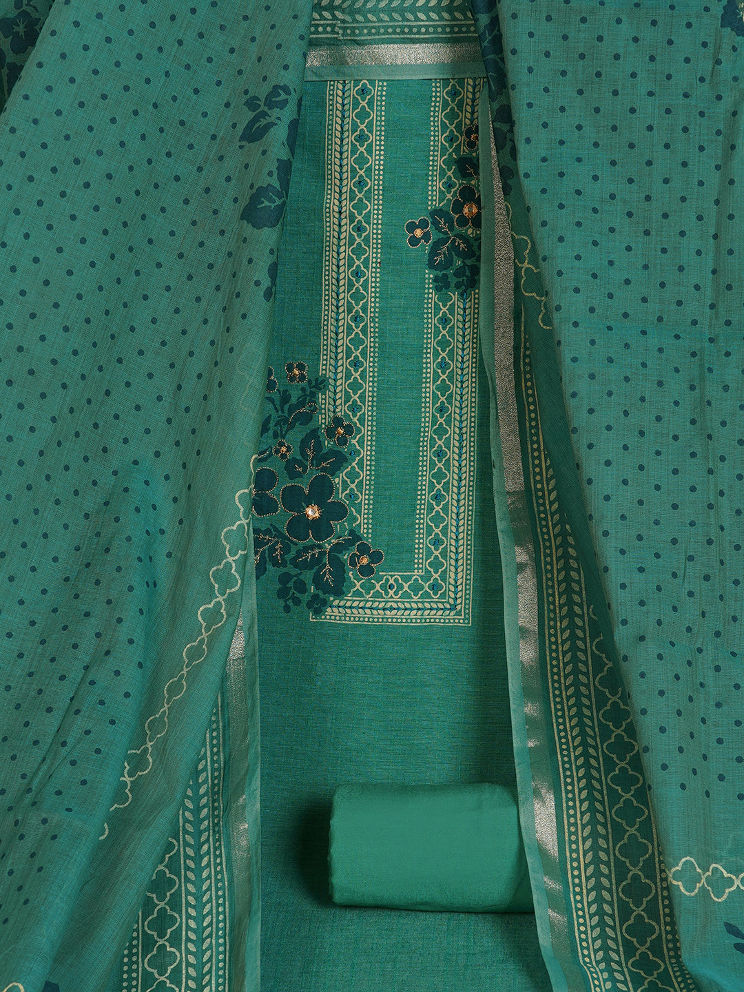 Ready to Stitch Cotton Dress Material with Mirror Detailing Paired with Plain Bottom & printed dupatta.(Turquoise)