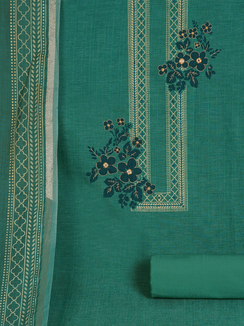Ready to Stitch Cotton Dress Material with Mirror Detailing Paired with Plain Bottom & printed dupatta.(Turquoise)