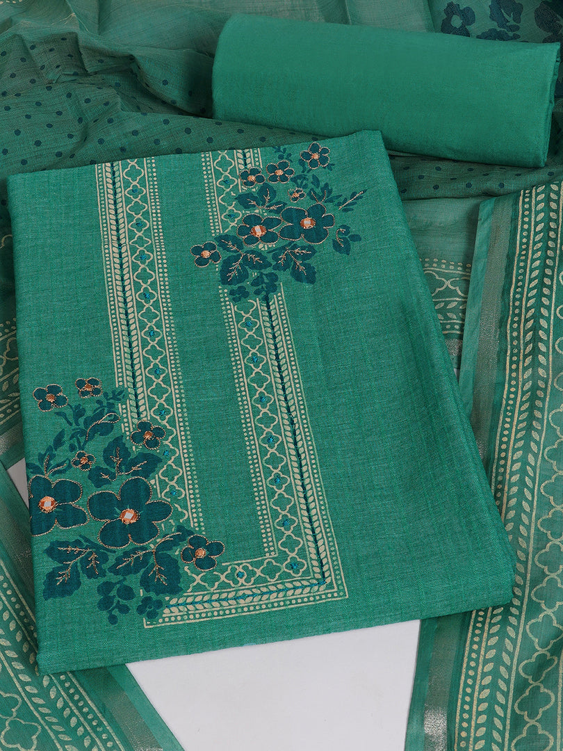 Ready to Stitch Cotton Dress Material with Mirror Detailing Paired with Plain Bottom & printed dupatta.(Turquoise)