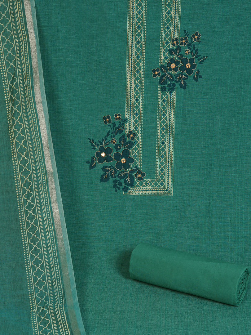 Ready to Stitch Cotton Dress Material with Mirror Detailing Paired with Plain Bottom & printed dupatta.(Turquoise)