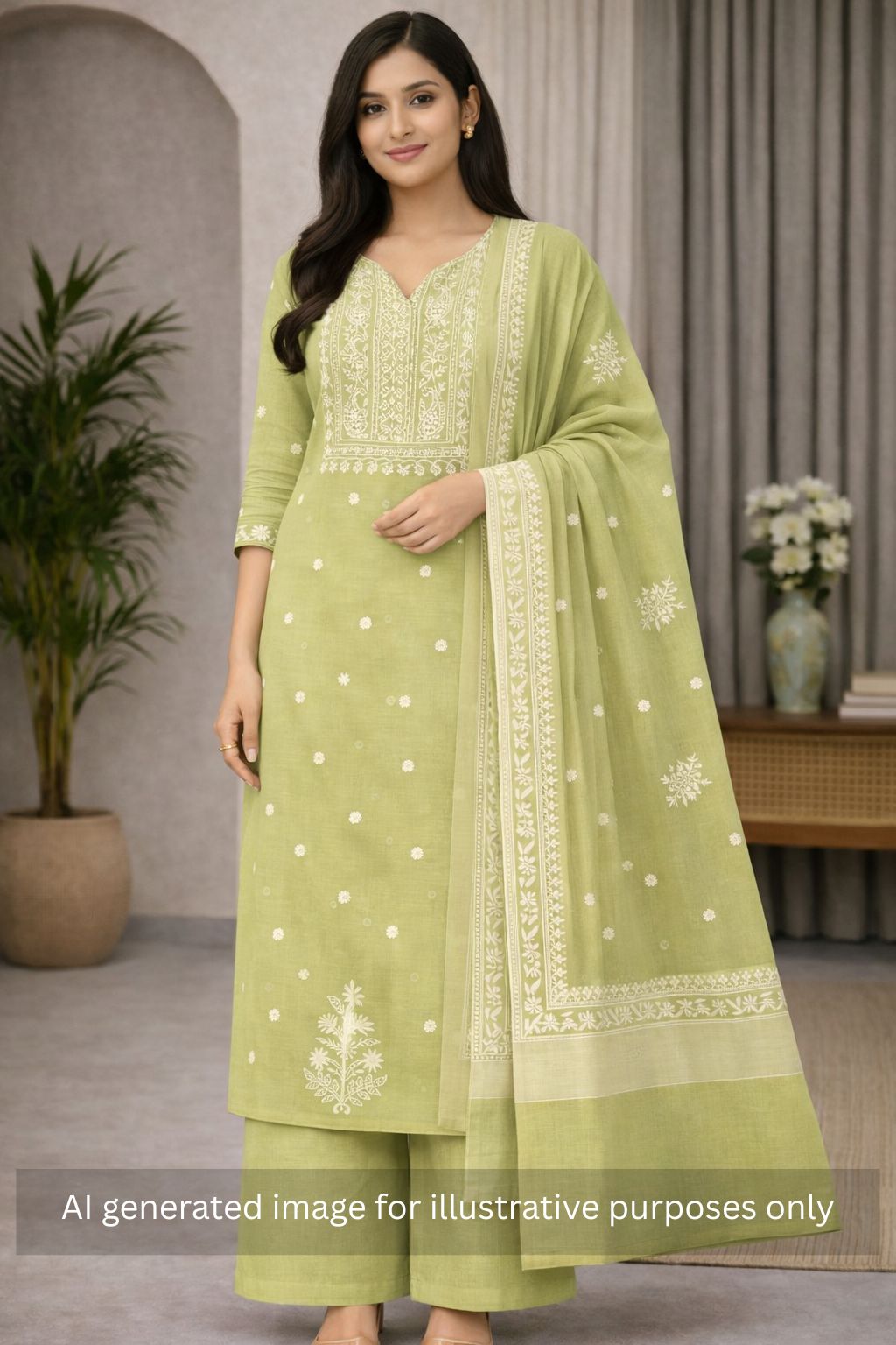 3-piece unstitched set with premium Chanderi fabric and features intricate embroidery.(Pista green)