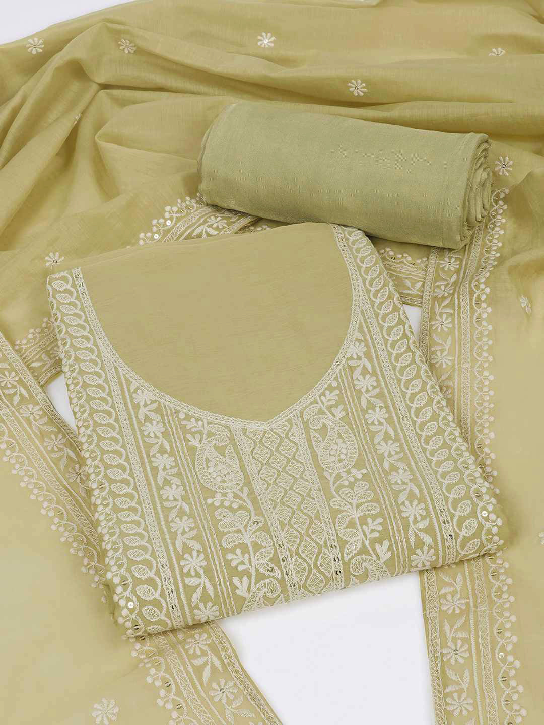 3-piece unstitched set with premium Chanderi fabric and features intricate embroidery.(Pista green)