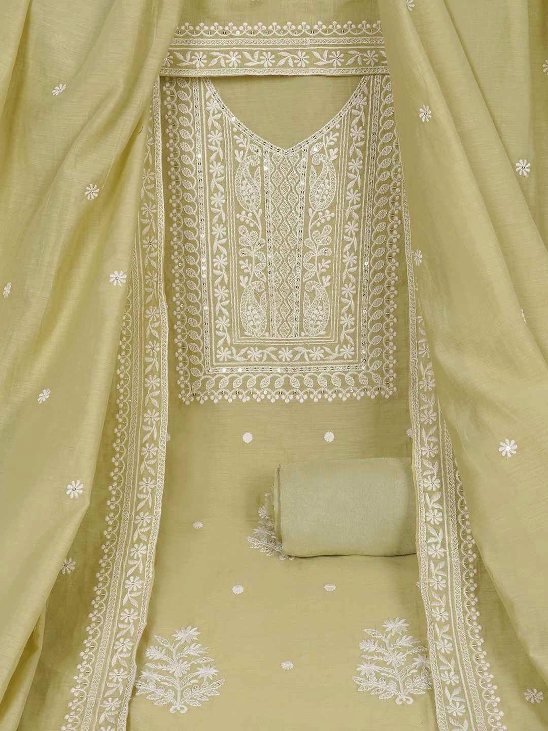 3-piece unstitched set with premium Chanderi fabric and features intricate embroidery.(Pista green)