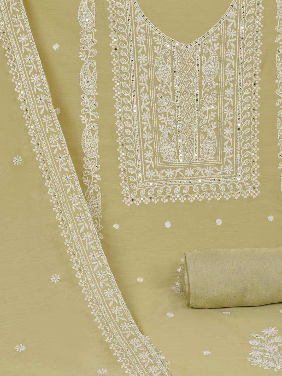 3-piece unstitched set with premium Chanderi fabric and features intricate embroidery.(Pista green)