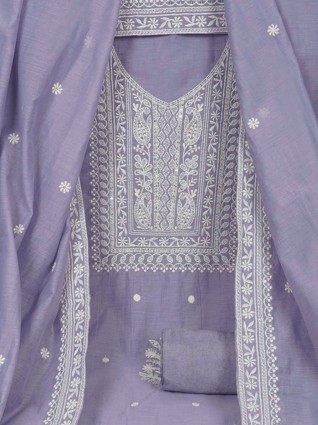 3-piece unstitched set with premium Chanderi fabric and features intricate embroidery.(Purple)