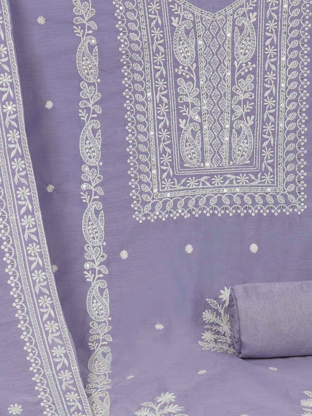3-piece unstitched set with premium Chanderi fabric and features intricate embroidery.(Purple)