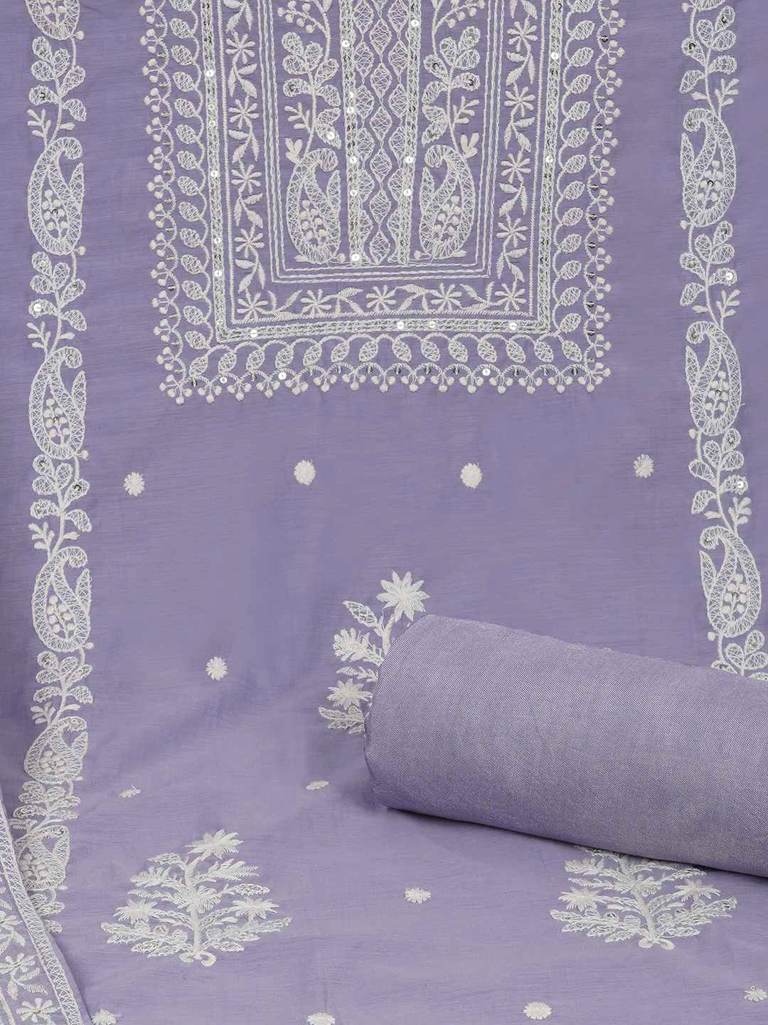 3-piece unstitched set with premium Chanderi fabric and features intricate embroidery.(Purple)