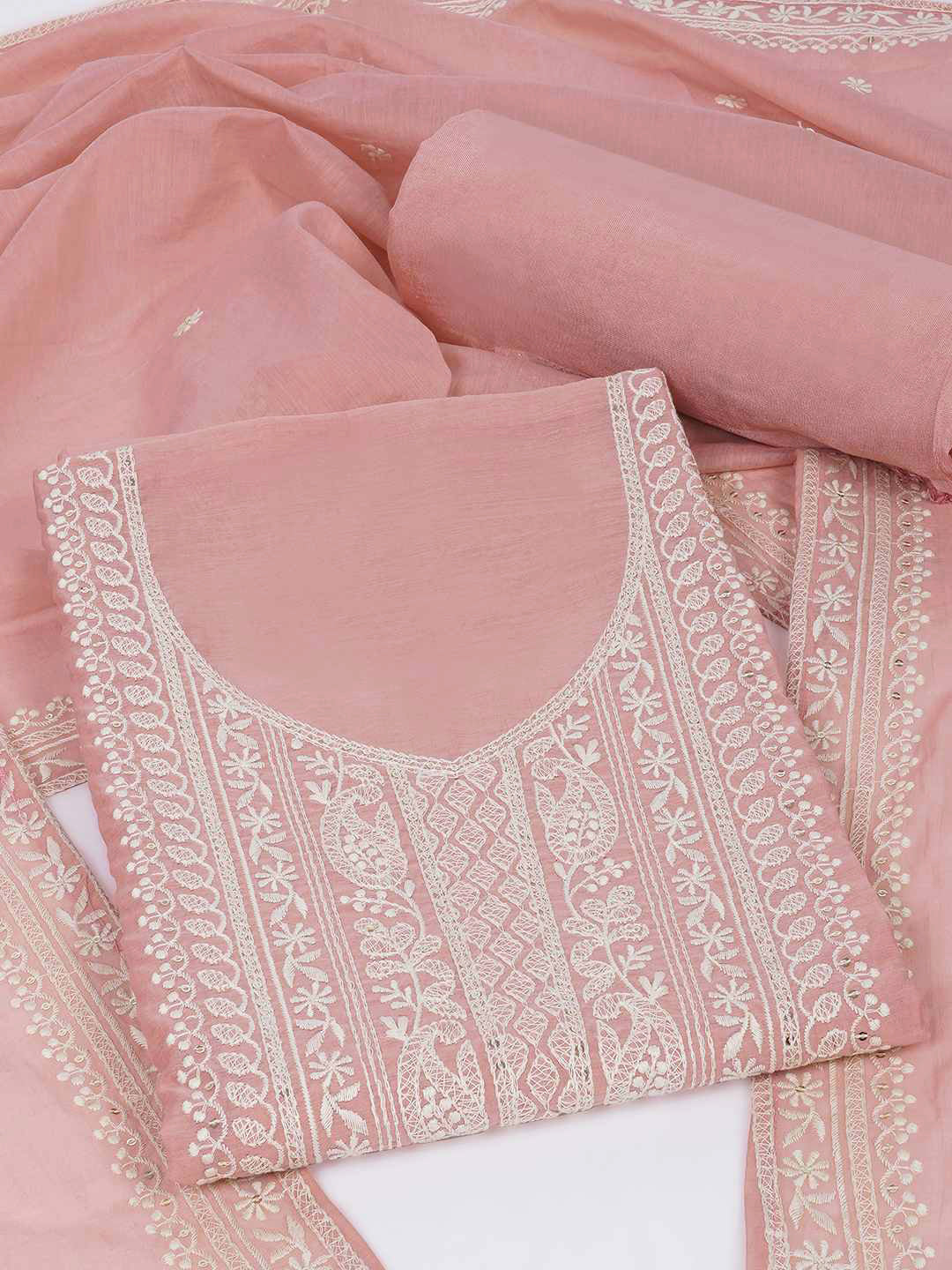 3-piece unstitched set with premium Chanderi fabric and features intricate embroidery.(Peach)