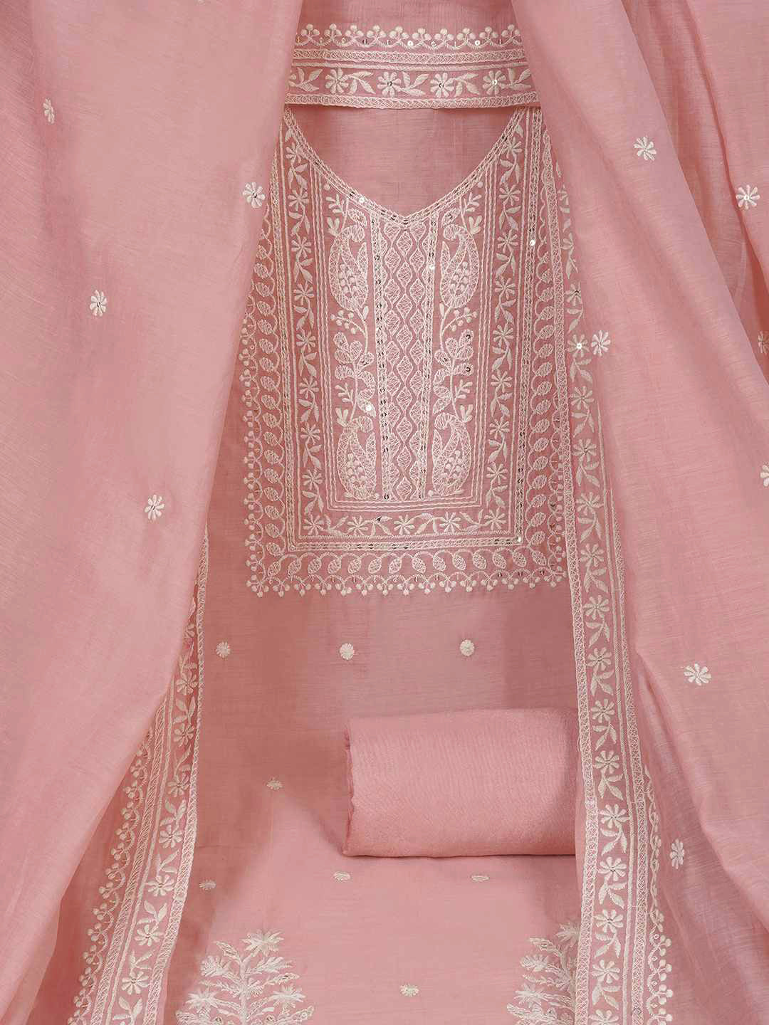 3-piece unstitched set with premium Chanderi fabric and features intricate embroidery.(Peach)
