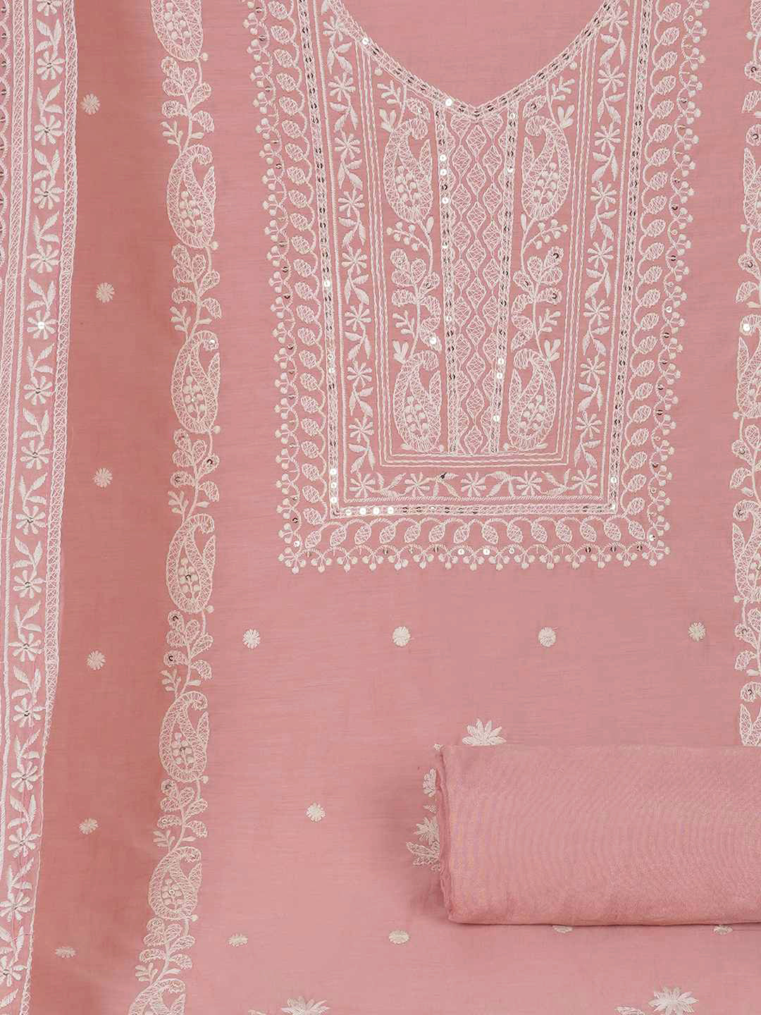 3-piece unstitched set with premium Chanderi fabric and features intricate embroidery.(Peach)