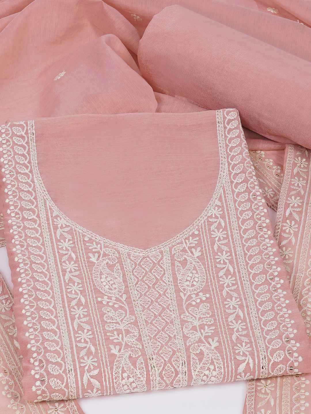 3-piece unstitched set with premium Chanderi fabric and features intricate embroidery.(Peach)