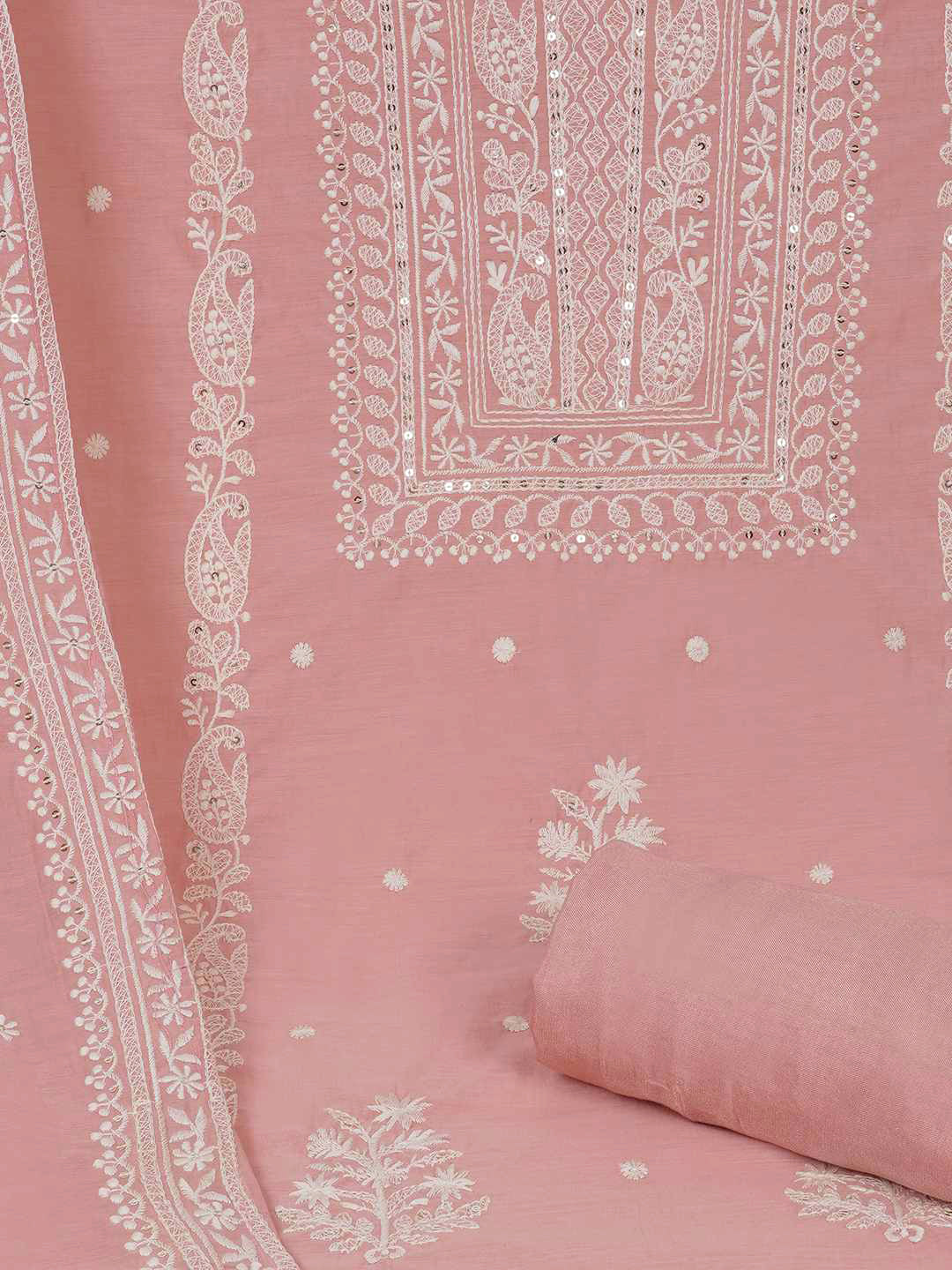 3-piece unstitched set with premium Chanderi fabric and features intricate embroidery.(Peach)
