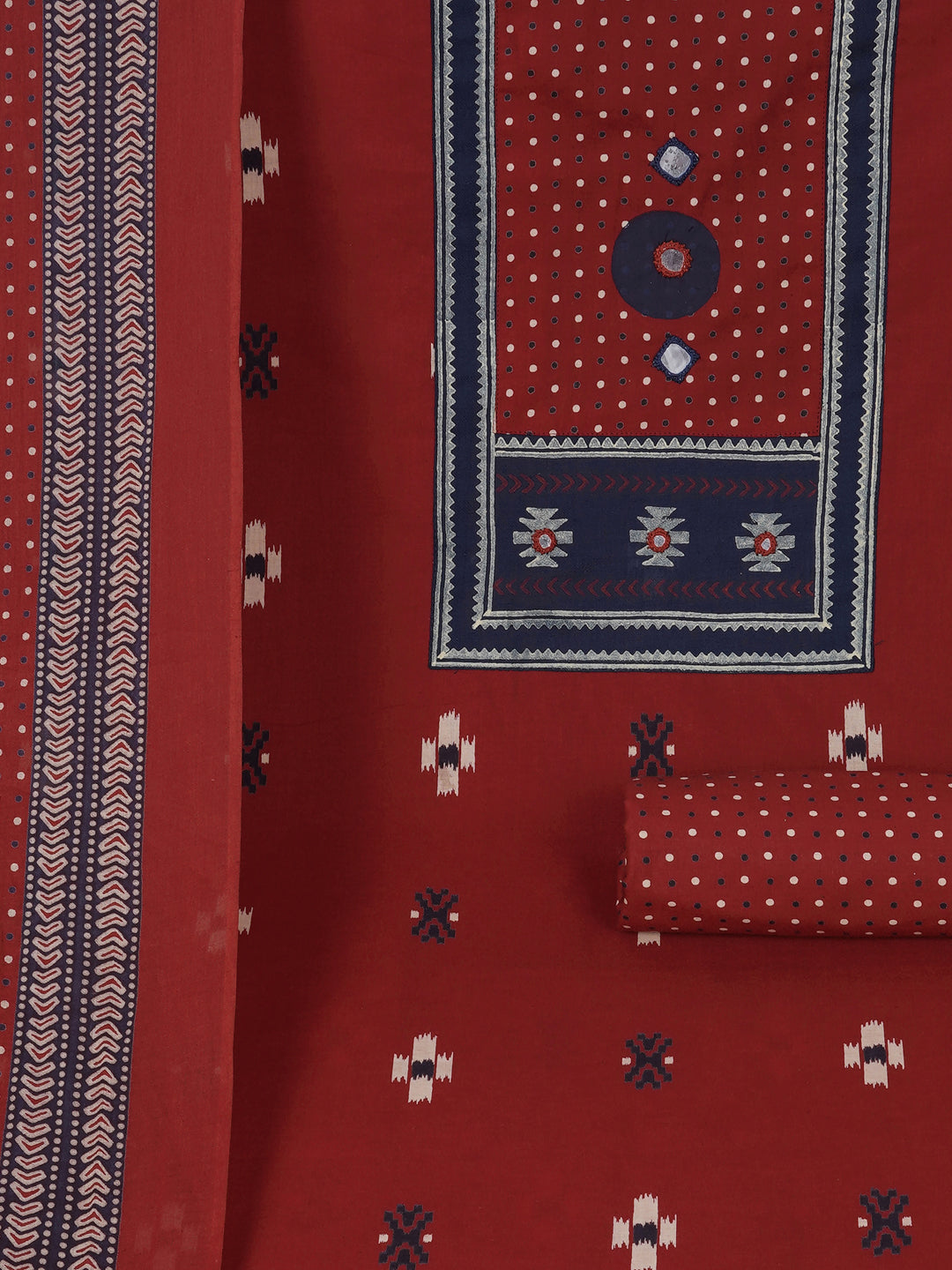 Unstitched suit set featuring a contrast yoke crafted in block print fabric and delicate handwork.
