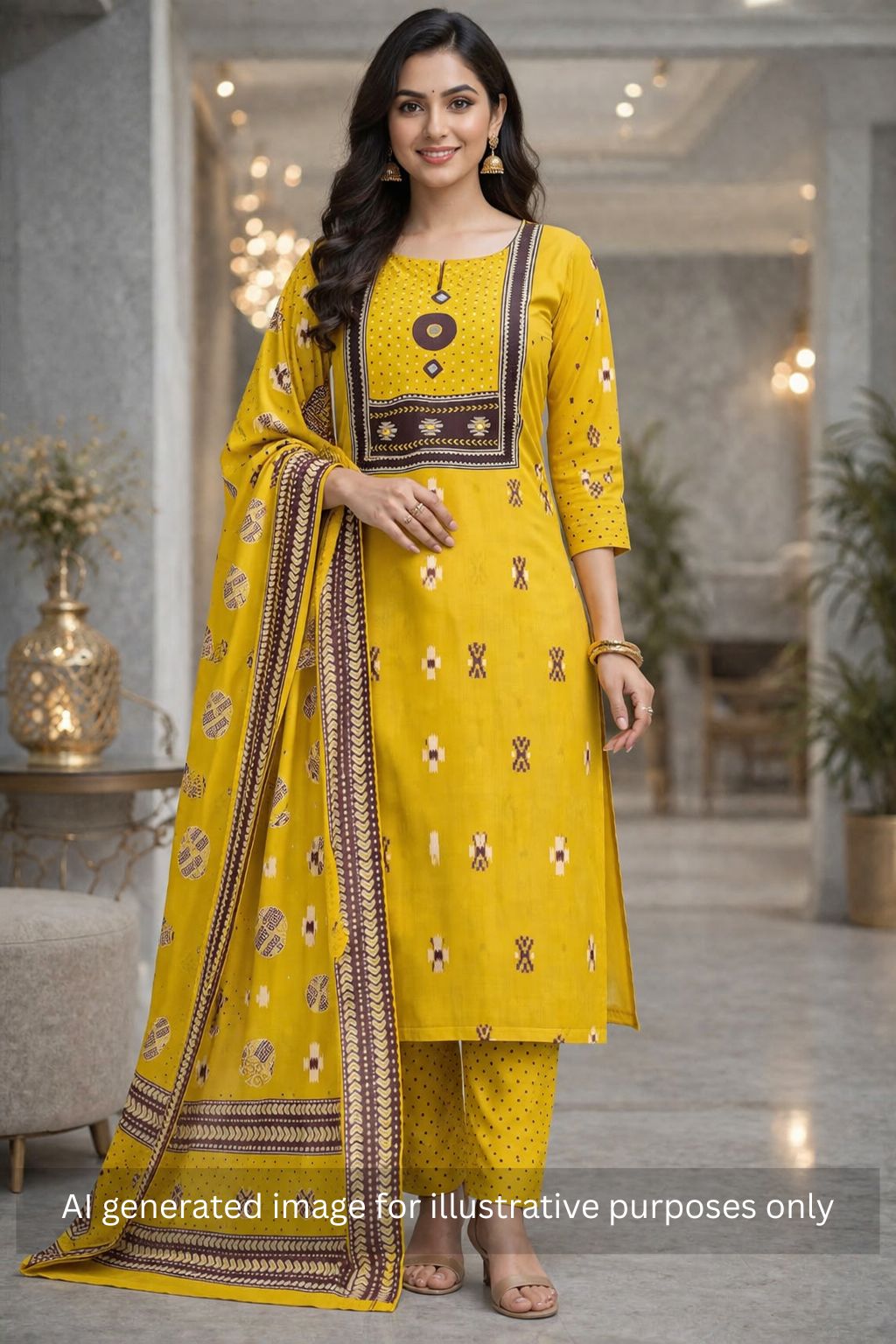 Unstitched suit set featuring a contrast yoke crafted in block print fabric and delicate handwork.