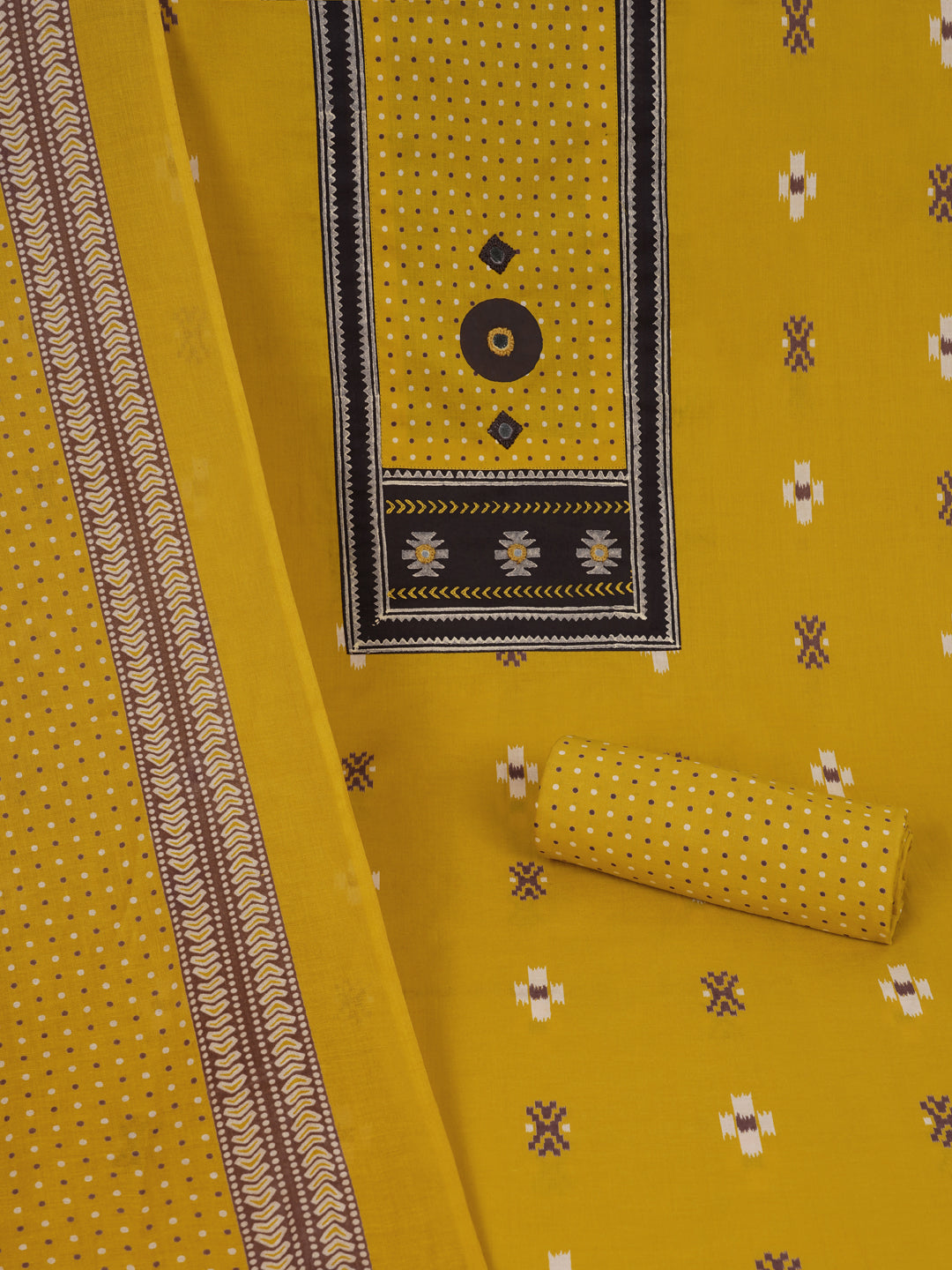 Unstitched suit set featuring a contrast yoke crafted in block print fabric and delicate handwork.