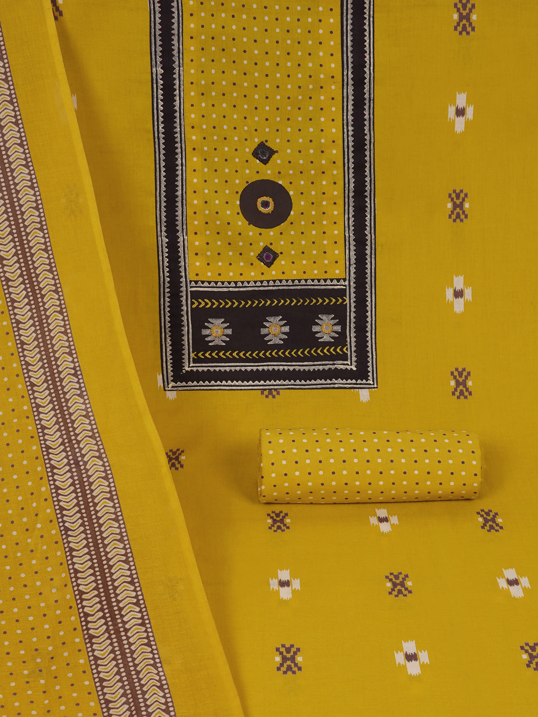Unstitched suit set featuring a contrast yoke crafted in block print fabric and delicate handwork.