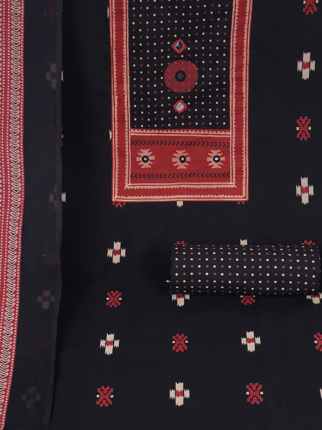 Unstitched suit set featuring a contrast yoke crafted in block print fabric and delicate handwork.