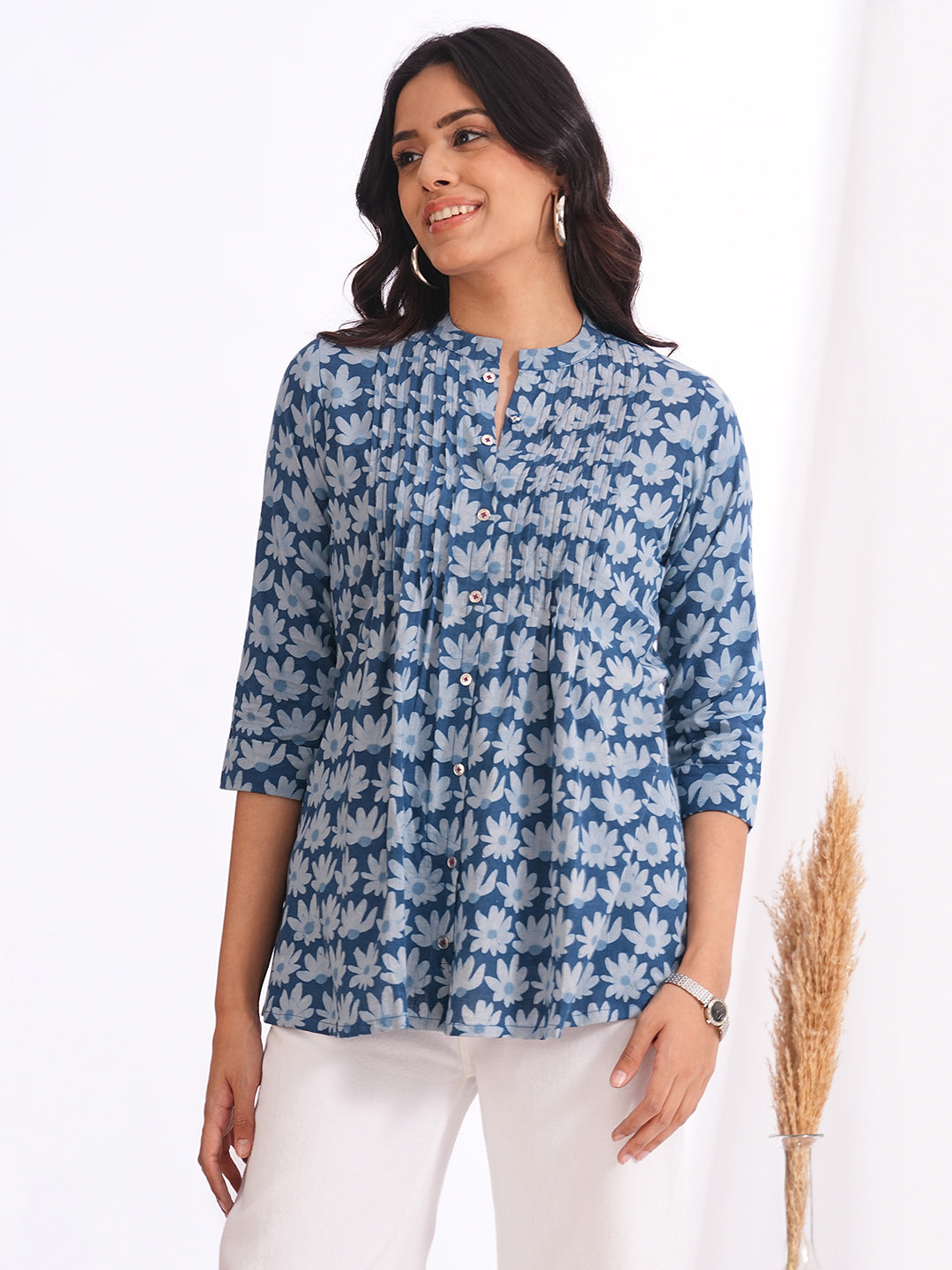 Women’s Blue Floral Cotton Dabu Printed Pintuck Top